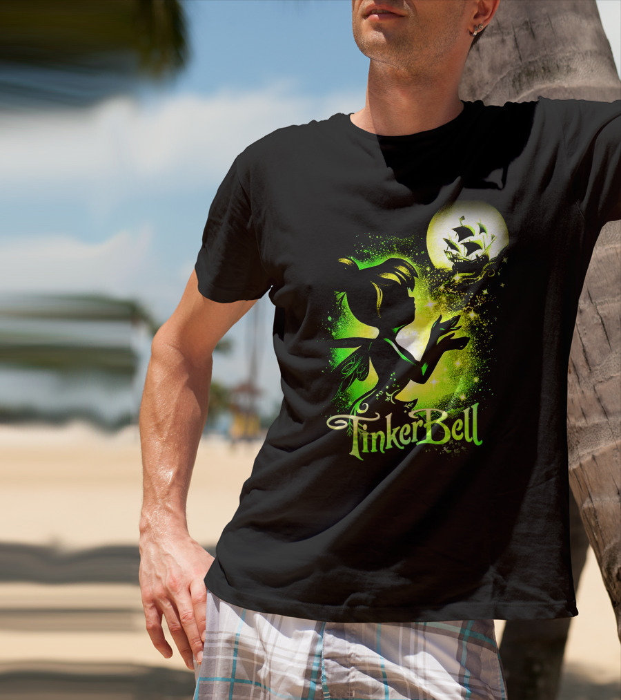 Tinker Bell Silhouette With Ship And Crescent Moon Magic Glow T-Shirt