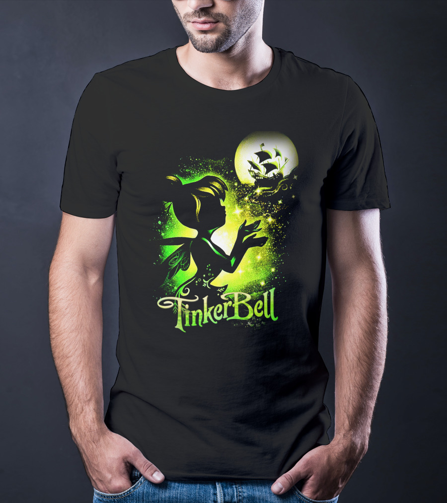 Tinker Bell Silhouette With Ship And Crescent Moon Magic Glow T-Shirt