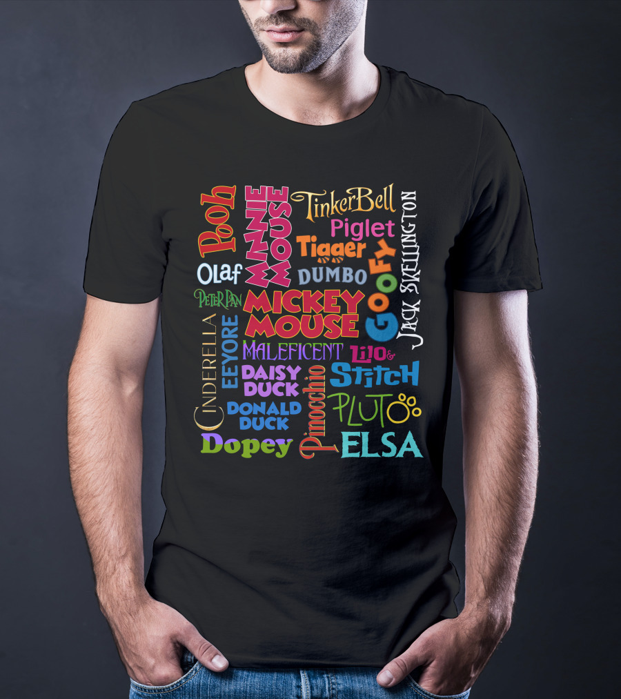 Disney Characters Names Tinker Bell Pooh Olaf Mickey Mouse Cinderella Goofy Elsa Jack Skellington T-Shirt