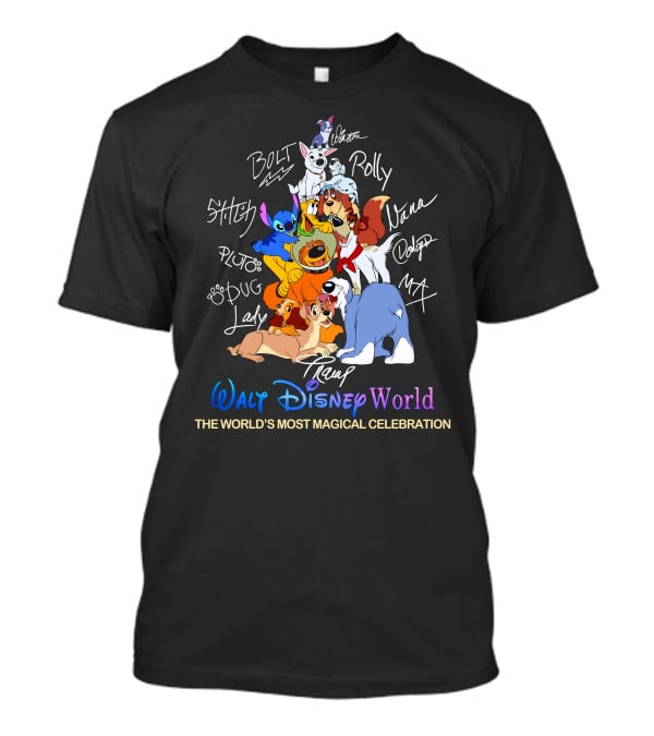 Walt Disney World Dogs Celebration Stitch Pluto Bolt Lady Tramp Nana Dodger Max Pongo Rolly T-Shirt