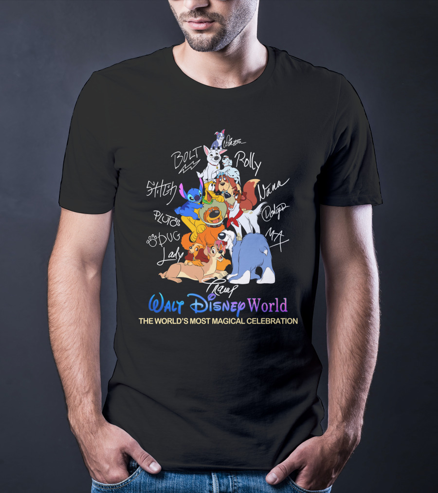 Walt Disney World Dogs Celebration Stitch Pluto Bolt Lady Tramp Nana Dodger Max Pongo Rolly T-Shirt