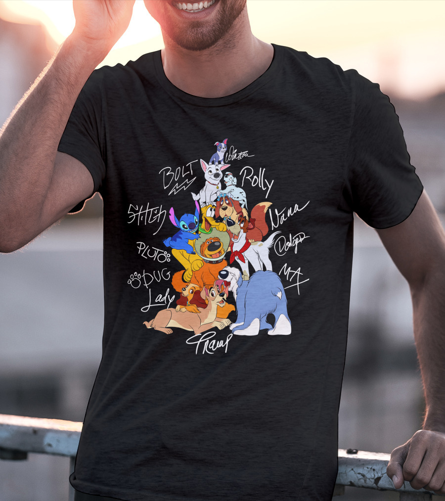 Disney Dogs Bolt Stitch Pluto Dug Lady Tramp Max Nana Dodger Rolly T-Shirt