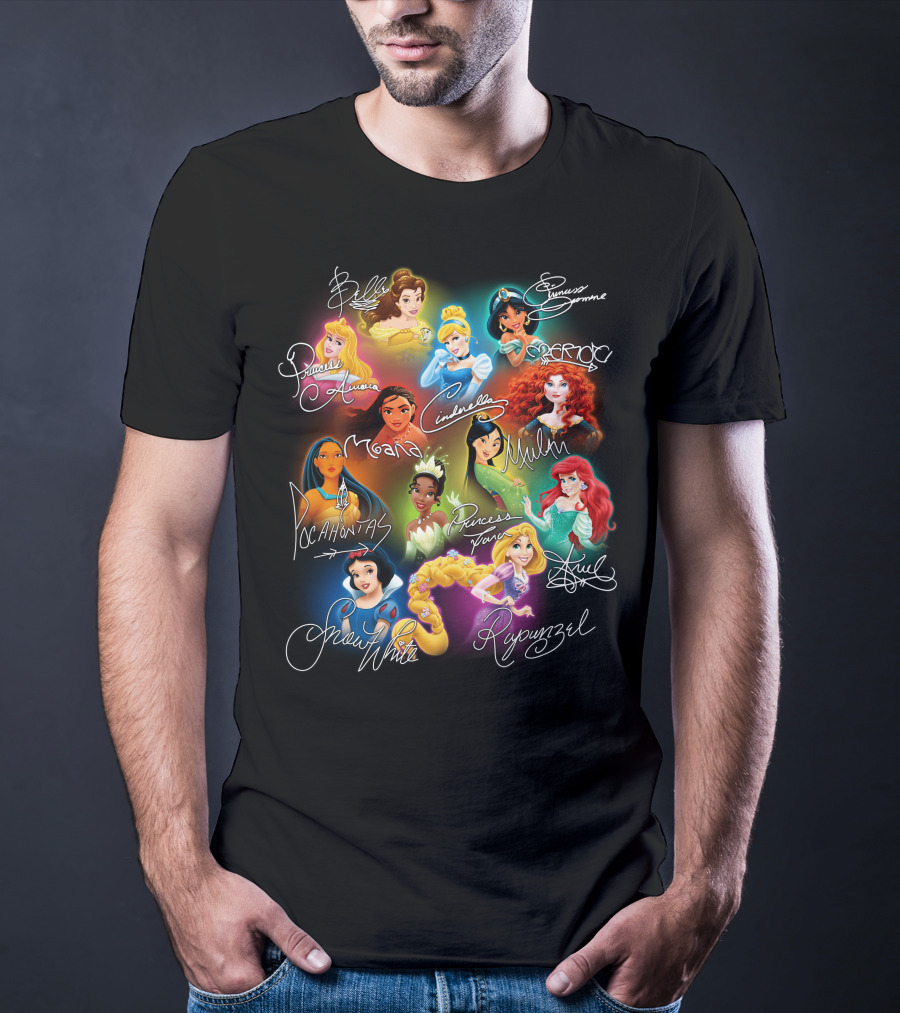 Belle Aurora Moana Pocahontas Snow White Jasmine Rapunzel Cinderella Tiana Mulan Ariel Merida T-Shirt