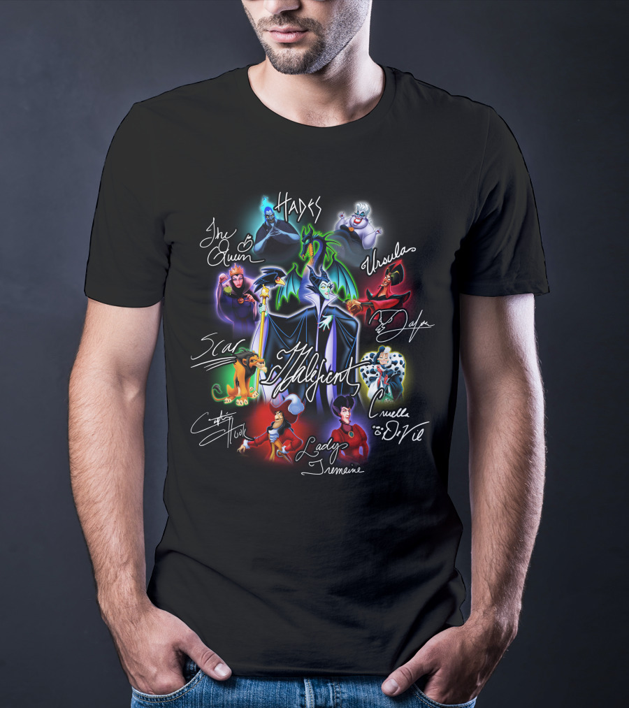 Disney Villains Maleficent Hades Ursula Cruella De Vil Scar Captain Hook Queen Jafar Lady Tremaine T-Shirt