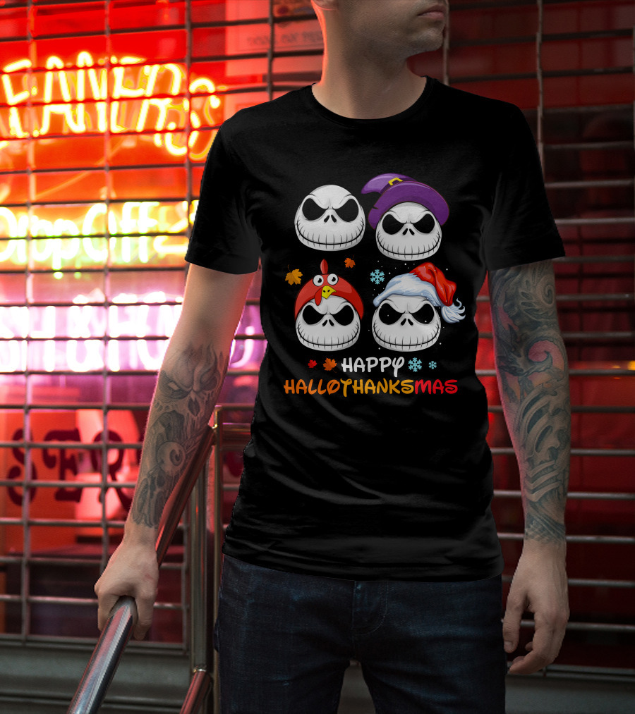 Happy Hallothanksmas Skeleton Faces With Witch Turkey Santa Hats T-Shirt