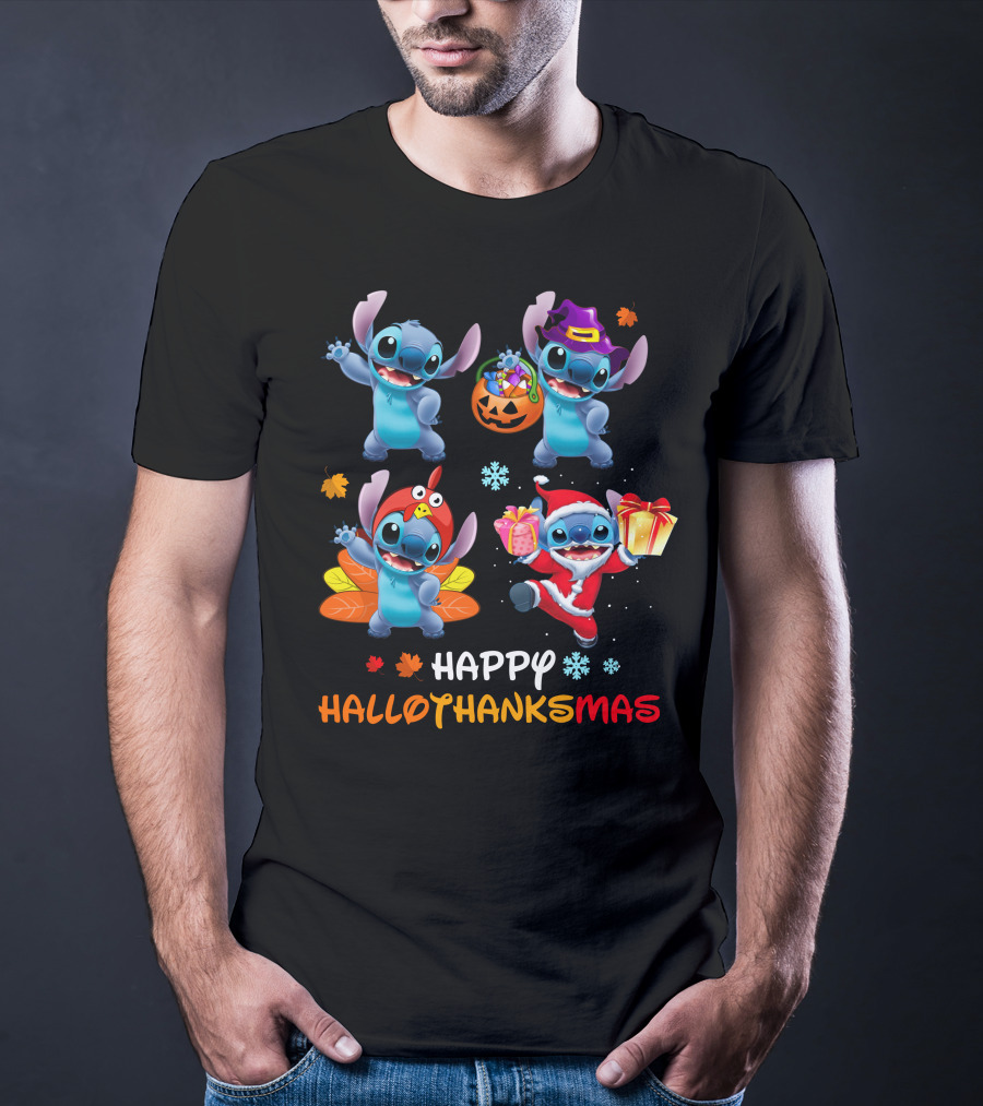 Happy Hallothanksmas Stitch Halloween Thanksgiving Christmas T-Shirt