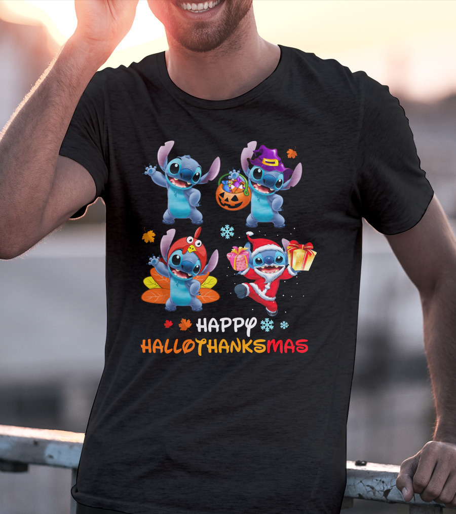 Happy Hallothanksmas Stitch Halloween Thanksgiving Christmas T-Shirt