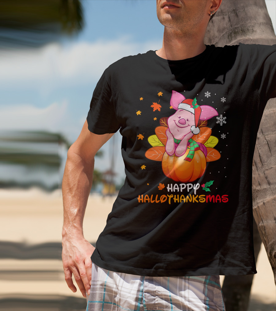 Happy Hallothanksmas Piglet In Pumpkin With Santa Hat And Scarf T-Shirt