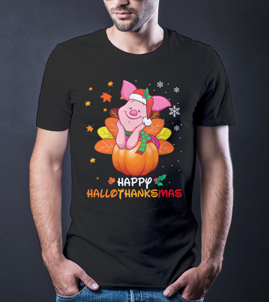 Happy Hallothanksmas Piglet In Pumpkin With Santa Hat And Scarf T-Shirt