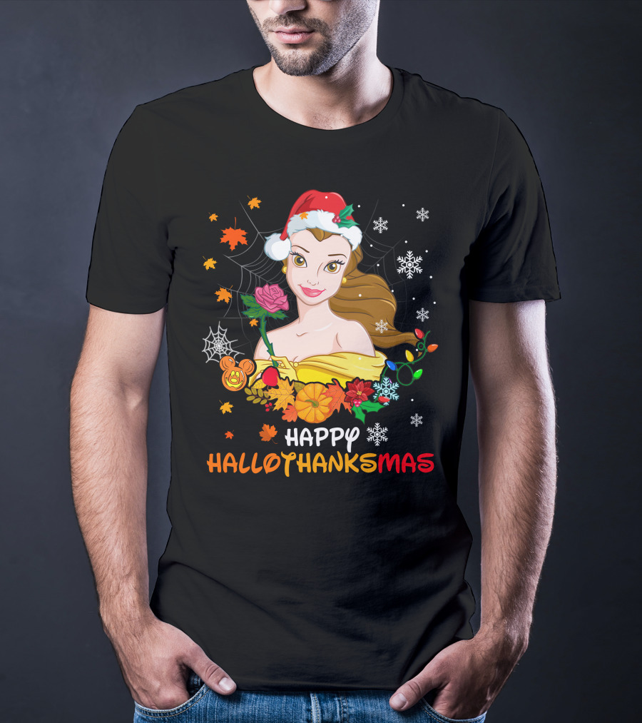 Happy Hallothanksmas - Belle In Santa Hat With Spider Webs Pumpkins And Lights T-Shirt