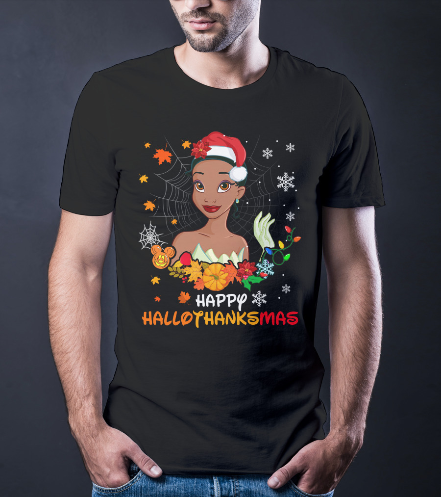 Happy Hallothanksmas Tiana Disney Princess With Santa Hat Spider Web And Holiday Decorations T-Shirt
