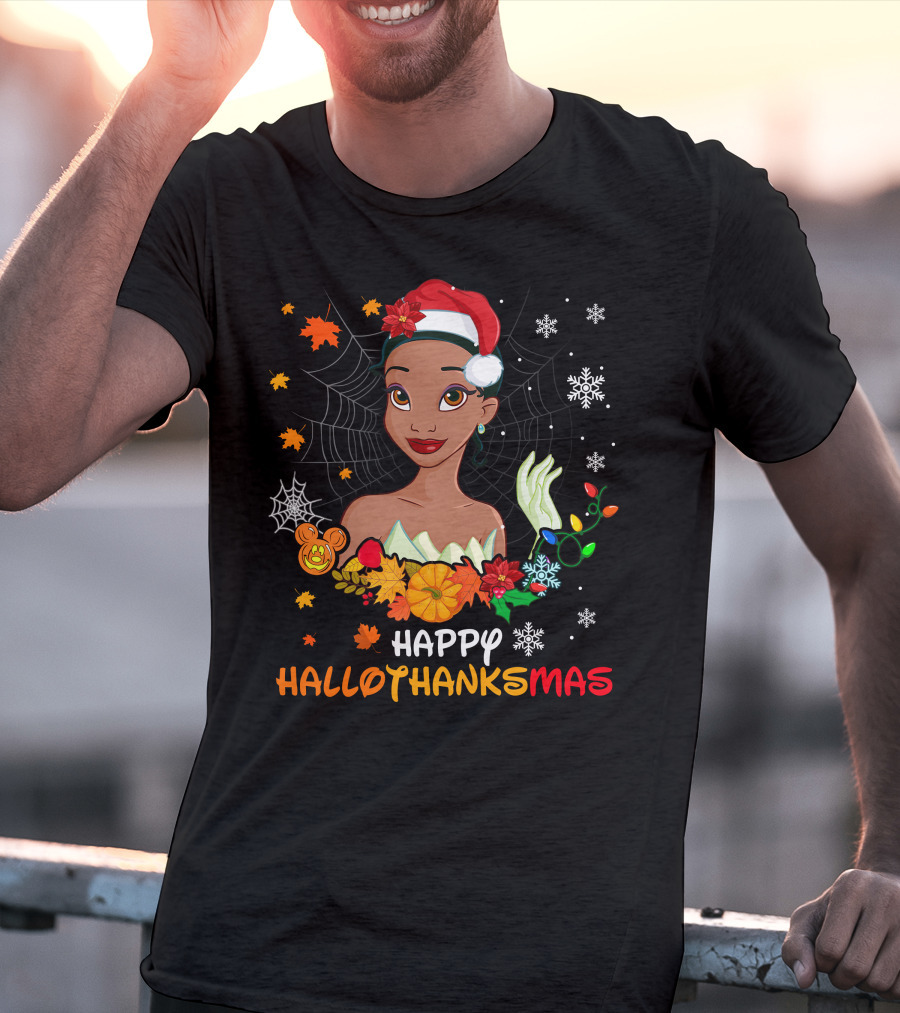 Happy Hallothanksmas Tiana Disney Princess With Santa Hat Spider Web And Holiday Decorations T-Shirt