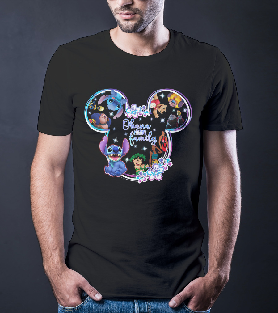 Ohana Means Family Stitch Mickey Ears Disney Characters Floral T-Shirt