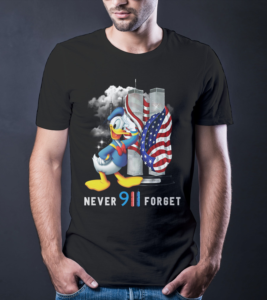 Donald Duck Never 9/11 Forget Twin Towers American Flag T-Shirt