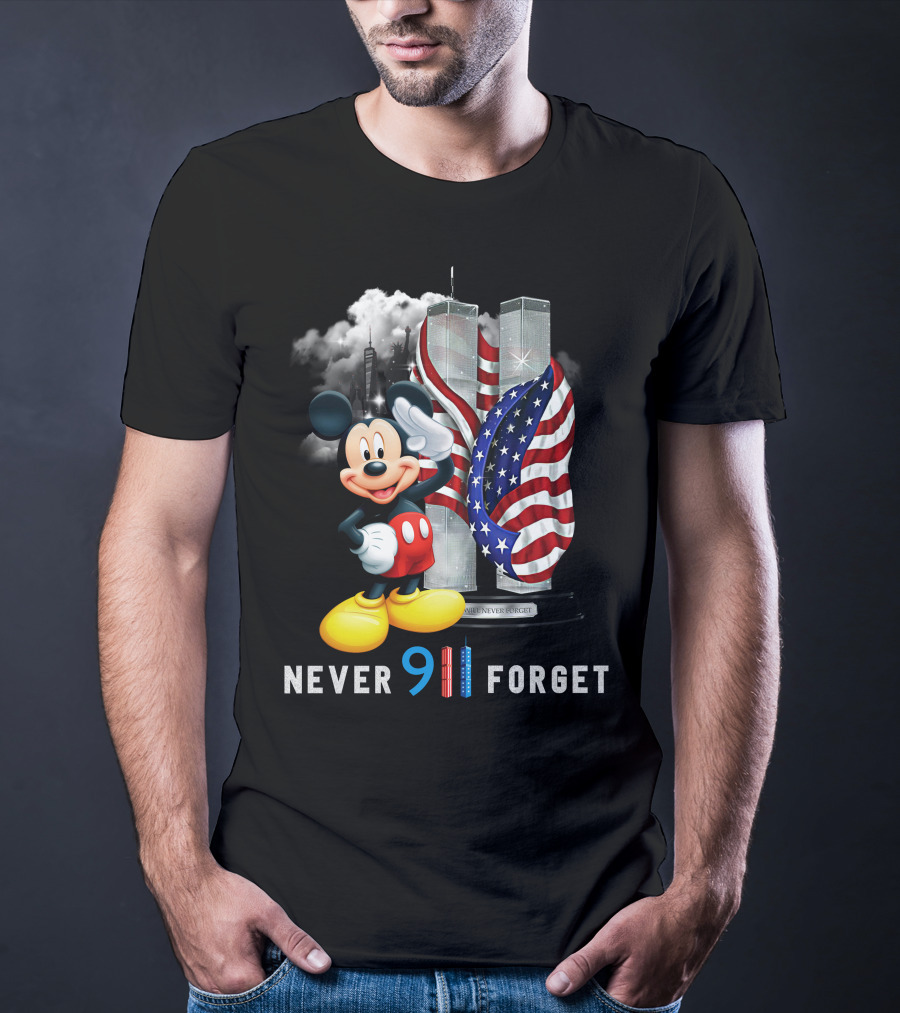 Never 9/11 Forget Mickey Twin Towers American Flag T-Shirt