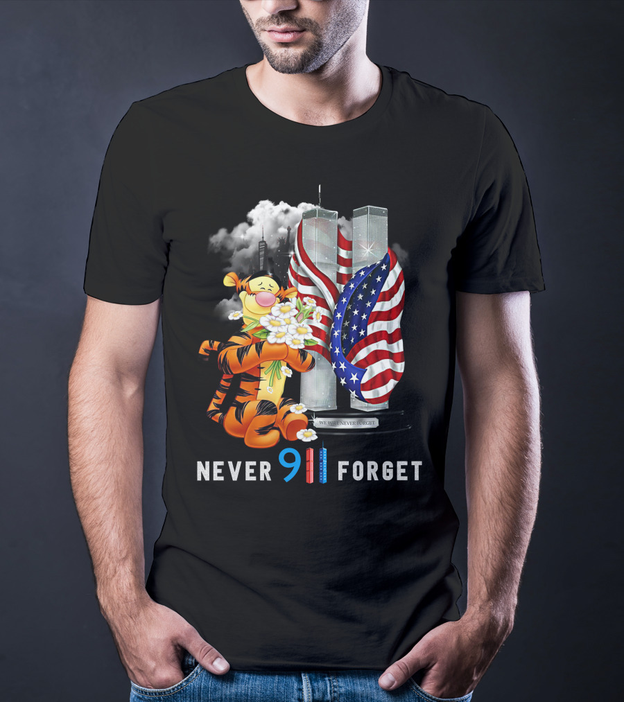 Never 911 Forget Tigger Holding Flowers Twin Towers American Flag T-Shirt