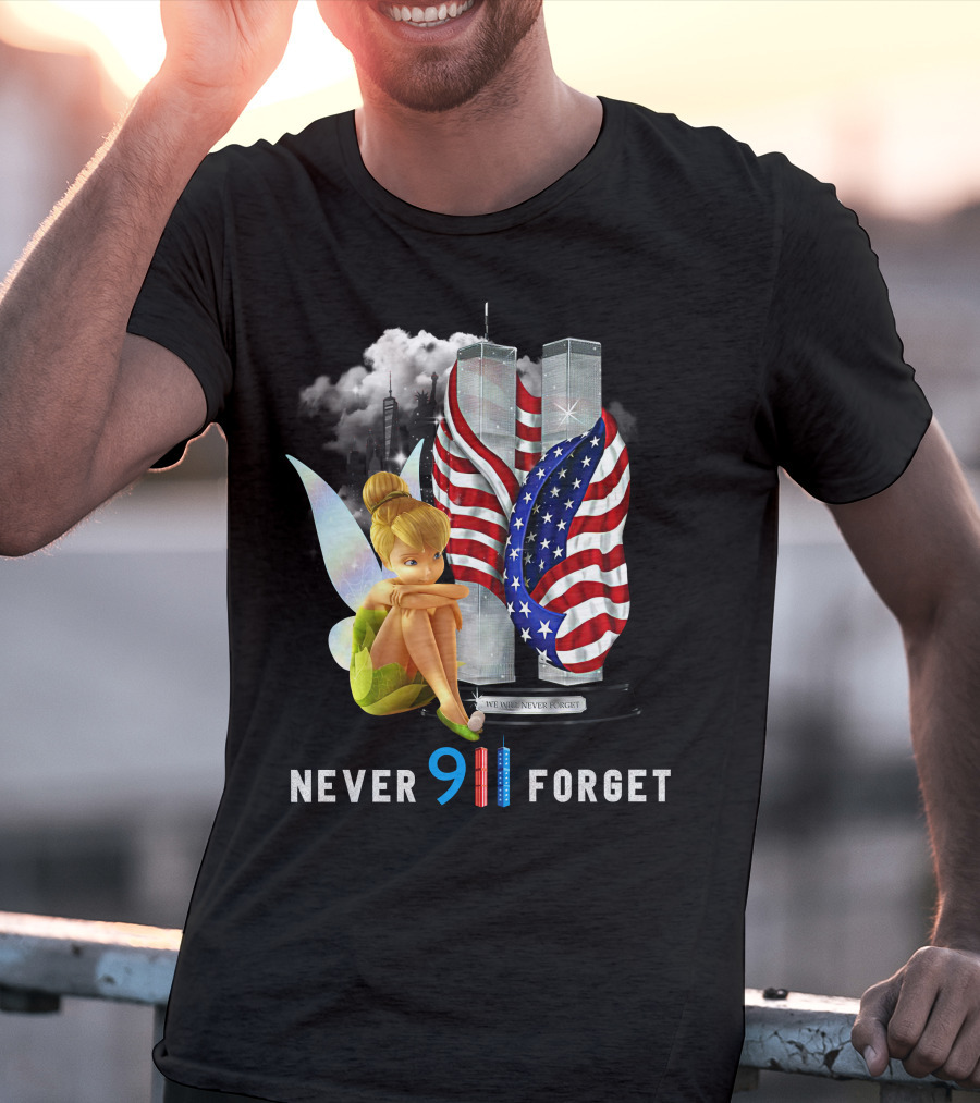 Tinker Bell Never 9/11 Forget Twin Towers American Flag Memorial T-Shirt