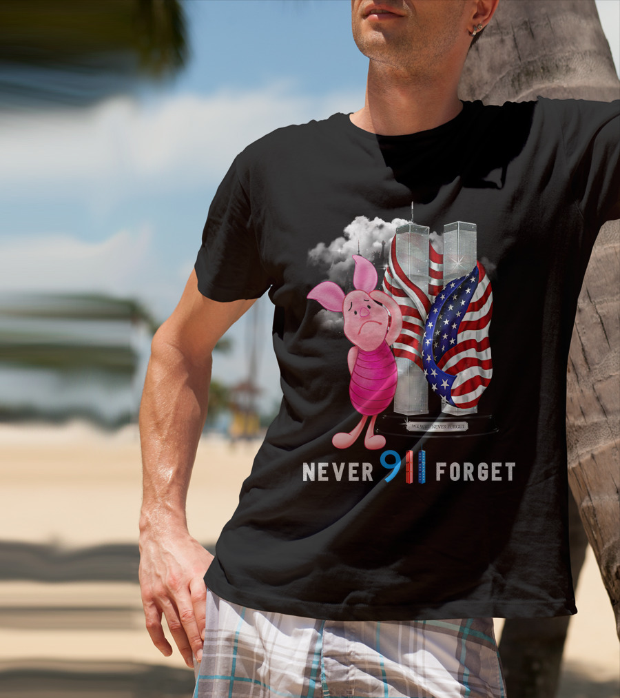 Never 9 11 Forget Piglet Twin Towers American Flag T-Shirt