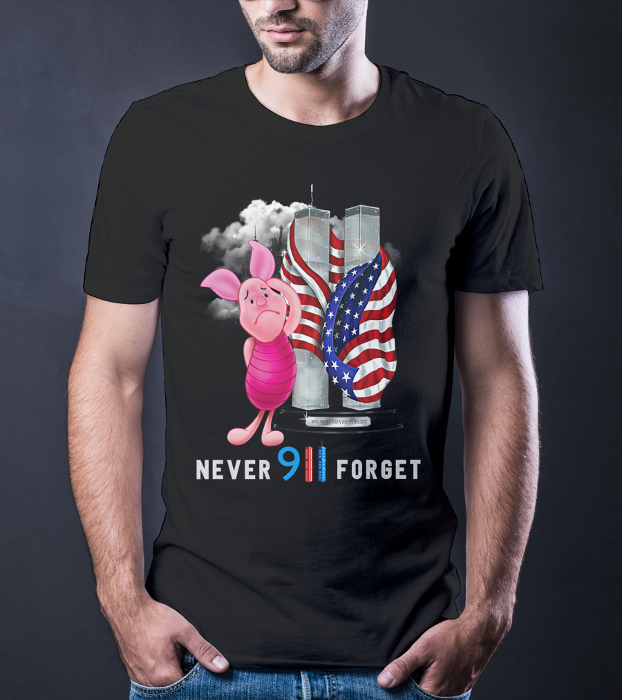 Never 9 11 Forget Piglet Twin Towers American Flag T-Shirt