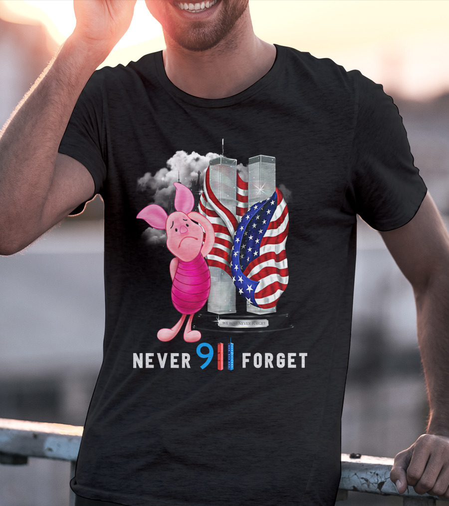Never 9 11 Forget Piglet Twin Towers American Flag T-Shirt