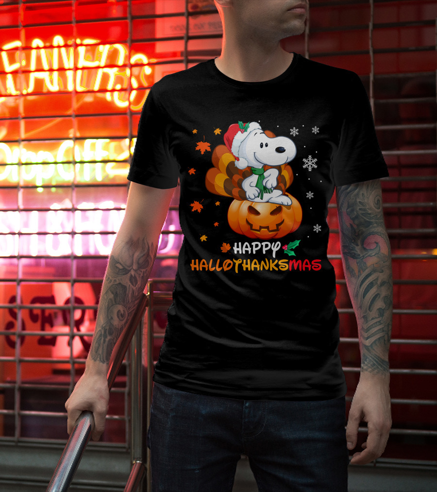 Happy Hallothanksmas Snoopy Christmas Pumpkin Turkey Leaves Snowflakes T-Shirt