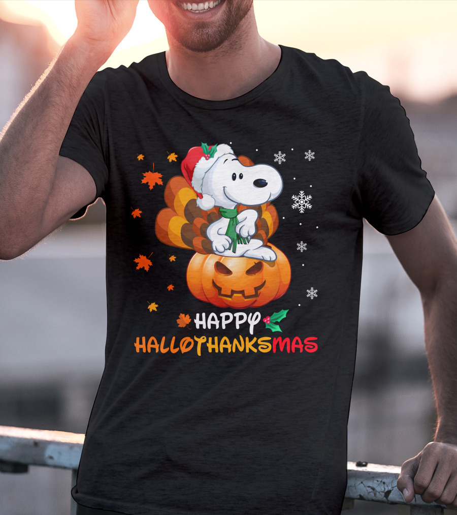 Happy Hallothanksmas Snoopy Christmas Pumpkin Turkey Leaves Snowflakes T-Shirt