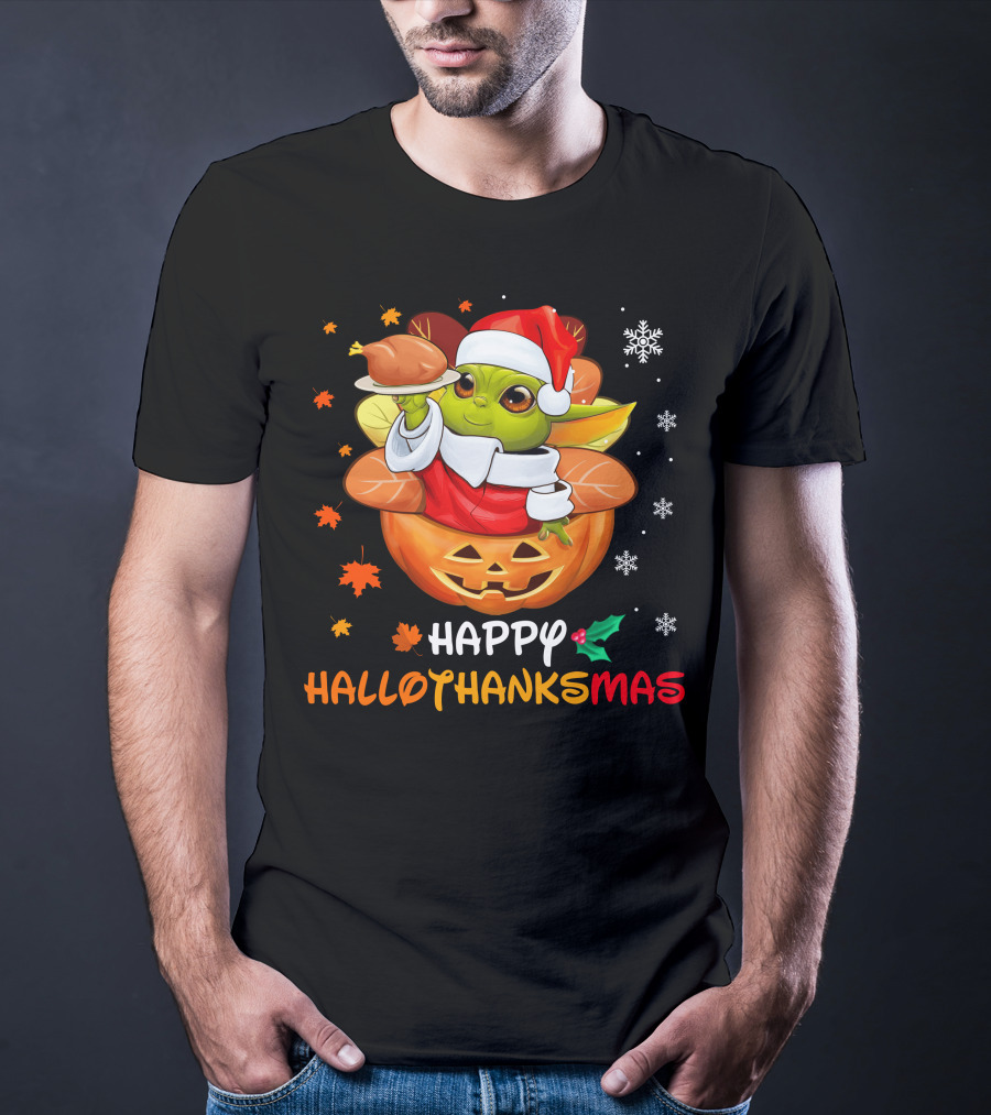Happy Hallothanksmas Baby Yoda Santa Pumpkin Turkey T-Shirt