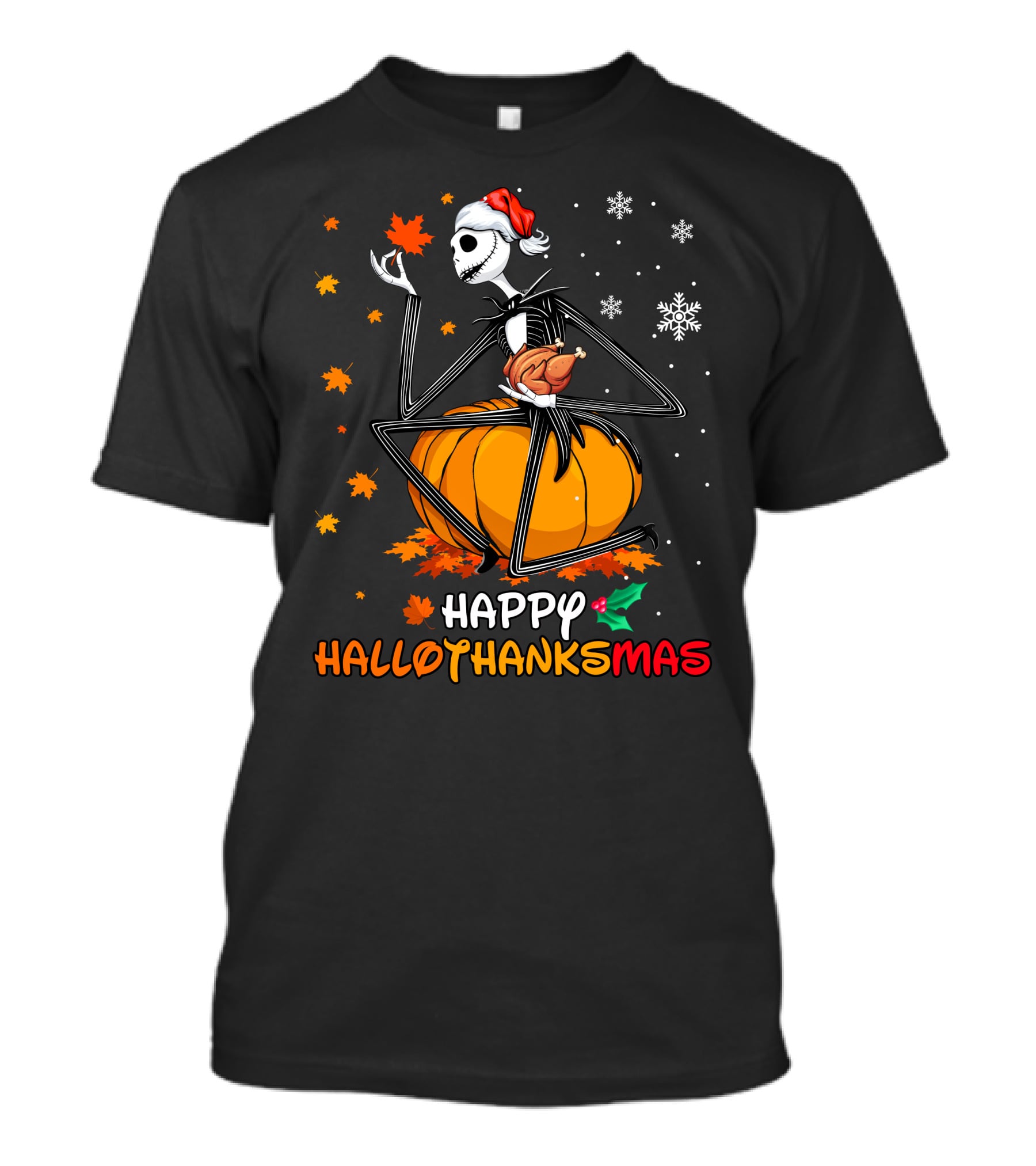 Happy Hallothanksmas Jack Skellington Pumpkin Santa Hat T-Shirt