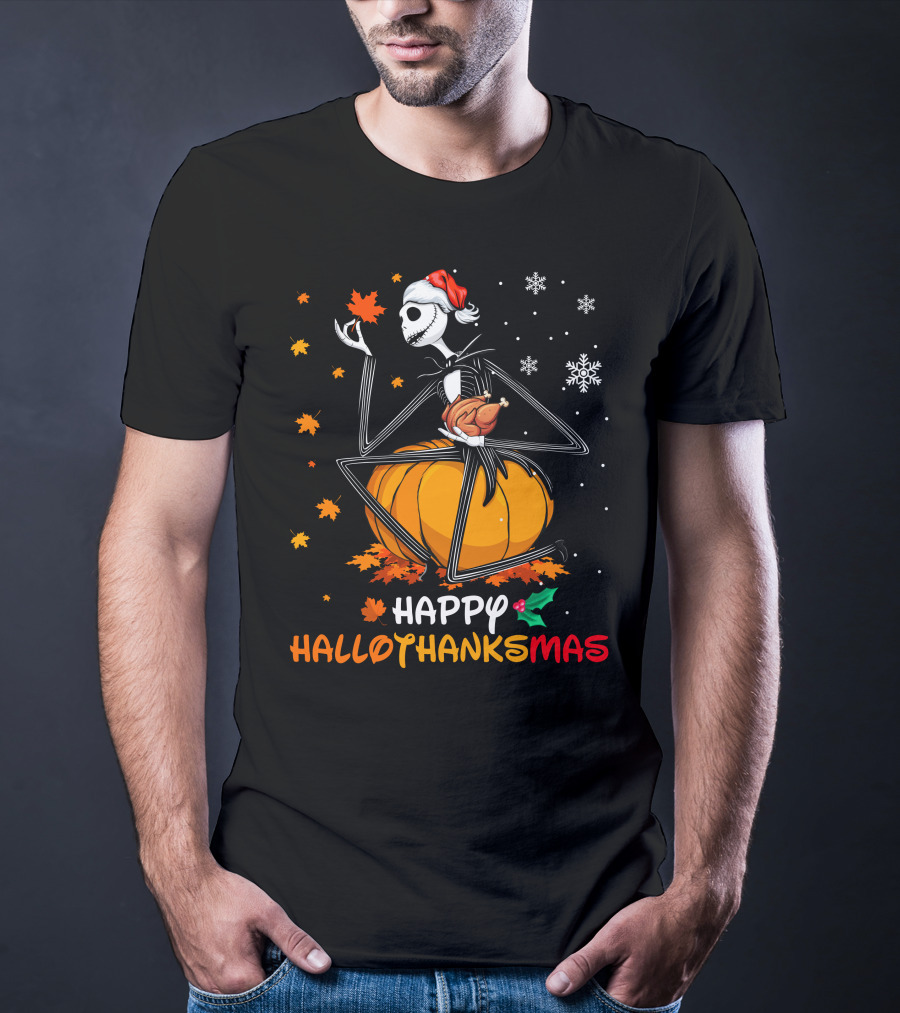 Happy Hallothanksmas Jack Skellington Pumpkin Santa Hat T-Shirt