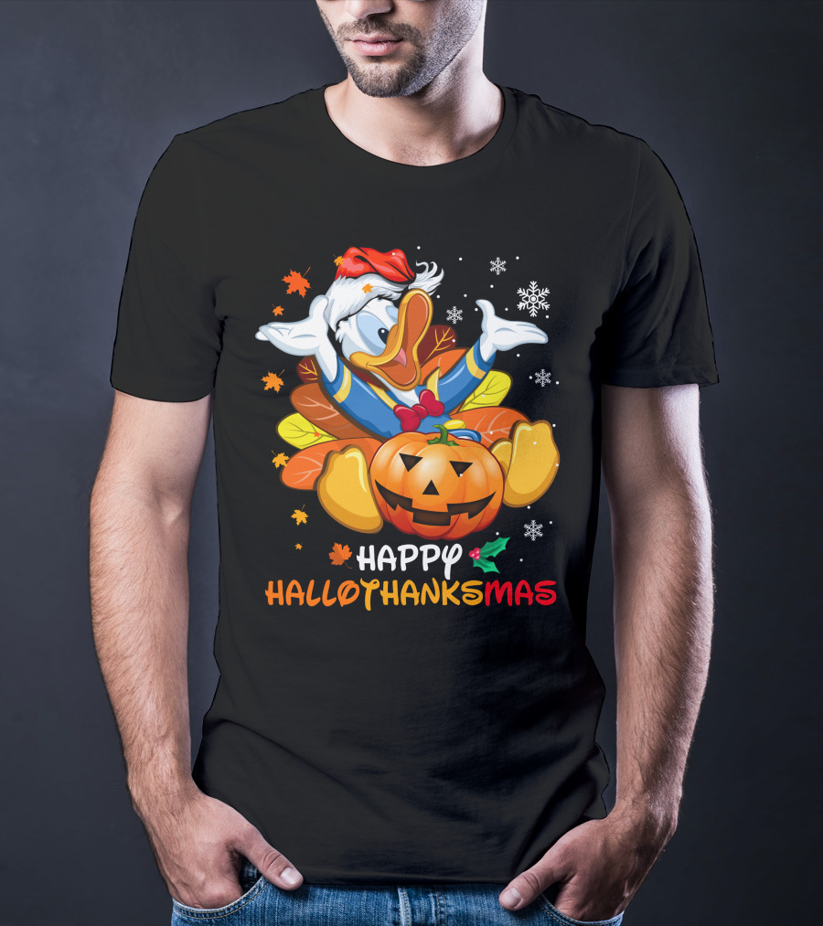 Happy Hallowthanksmas Donald Duck Pumpkin Leaves Snowflakes Santa Hat T-Shirt