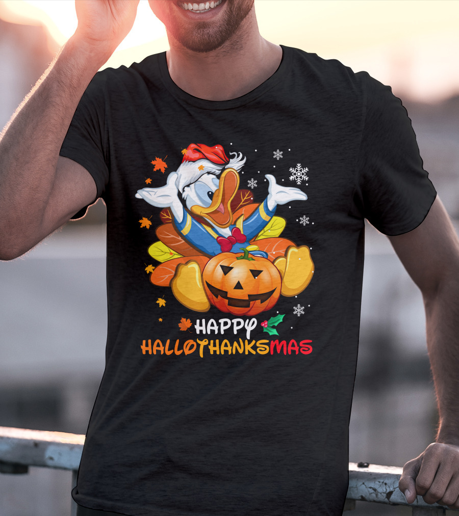 Happy Hallowthanksmas Donald Duck Pumpkin Leaves Snowflakes Santa Hat T-Shirt