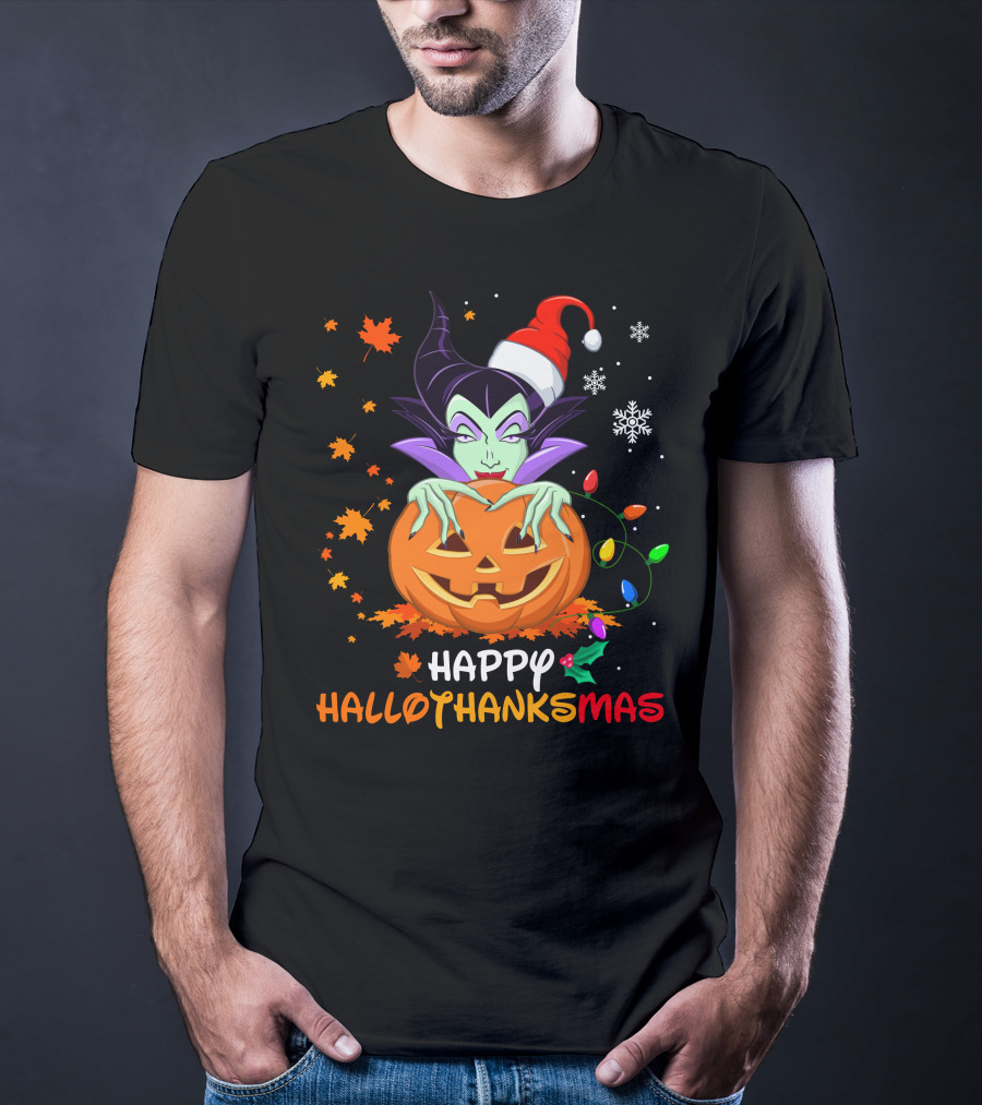 Happy Hallothanksmas Maleficent Pumpkin Holiday Lights T-Shirt