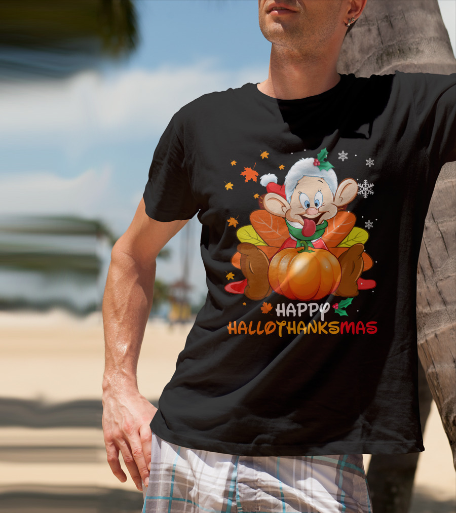 Happy Hallothanksmas Dopey Pumpkin Leaves Snowflakes T-Shirt