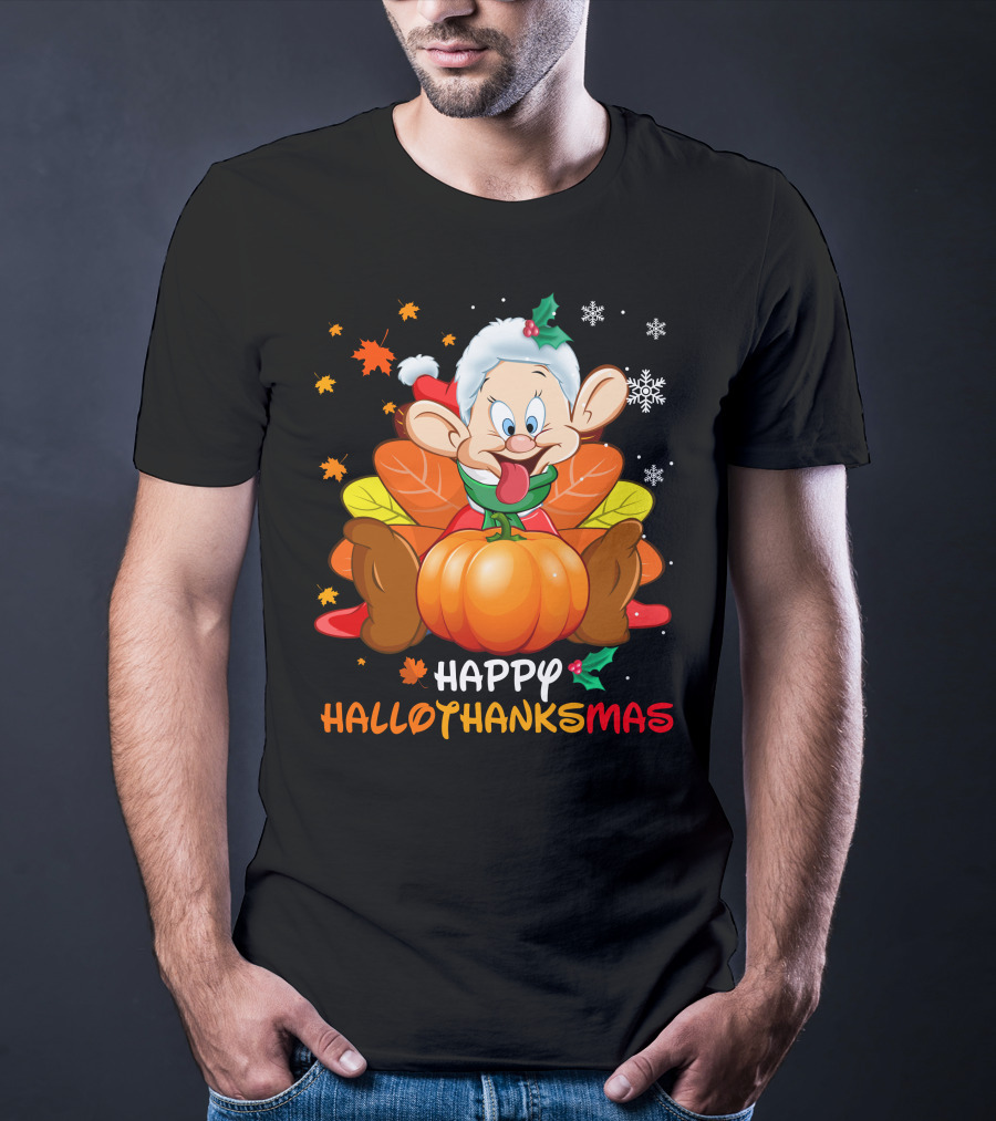 Happy Hallothanksmas Dopey Pumpkin Leaves Snowflakes T-Shirt