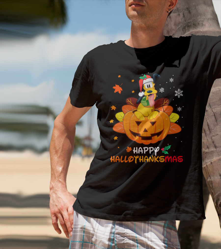 Happy Hallothanksmas Pluto Christmas Halloween Thanksgiving T-Shirt