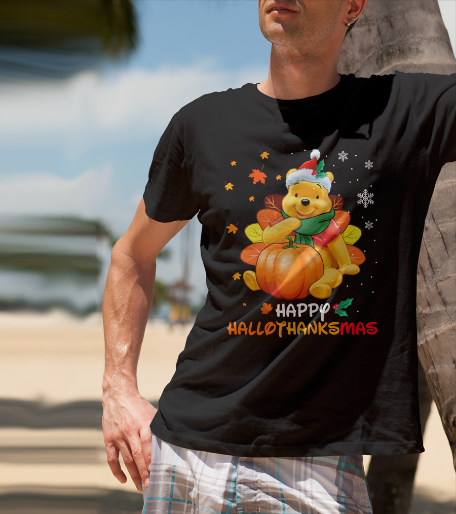 Happy Hallothanksmas Pooh Pumpkin Santa Hat Snowflakes T-Shirt