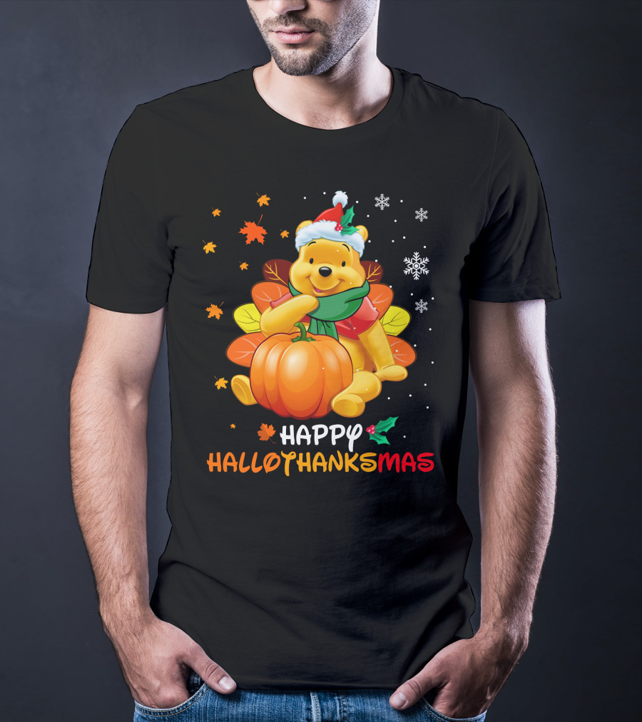 Happy Hallothanksmas Pooh Pumpkin Santa Hat Snowflakes T-Shirt