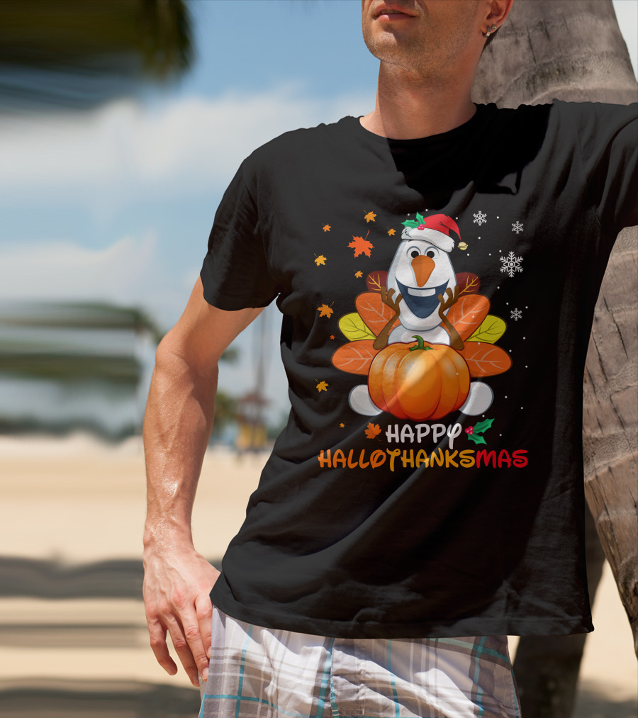 Happy Hallothanksmas Olaf Santa Hat Pumpkin Leaves Snowflakes T-Shirt