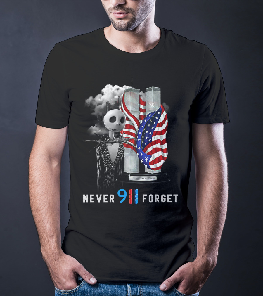 Jack Skellington 9/11 Never Forget Twin Towers American Flag T-Shirt