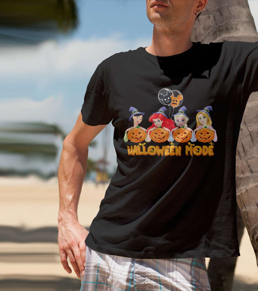 Halloween Mode Princess Characters With Pumpkins And Mickey Balloons T-Shirt