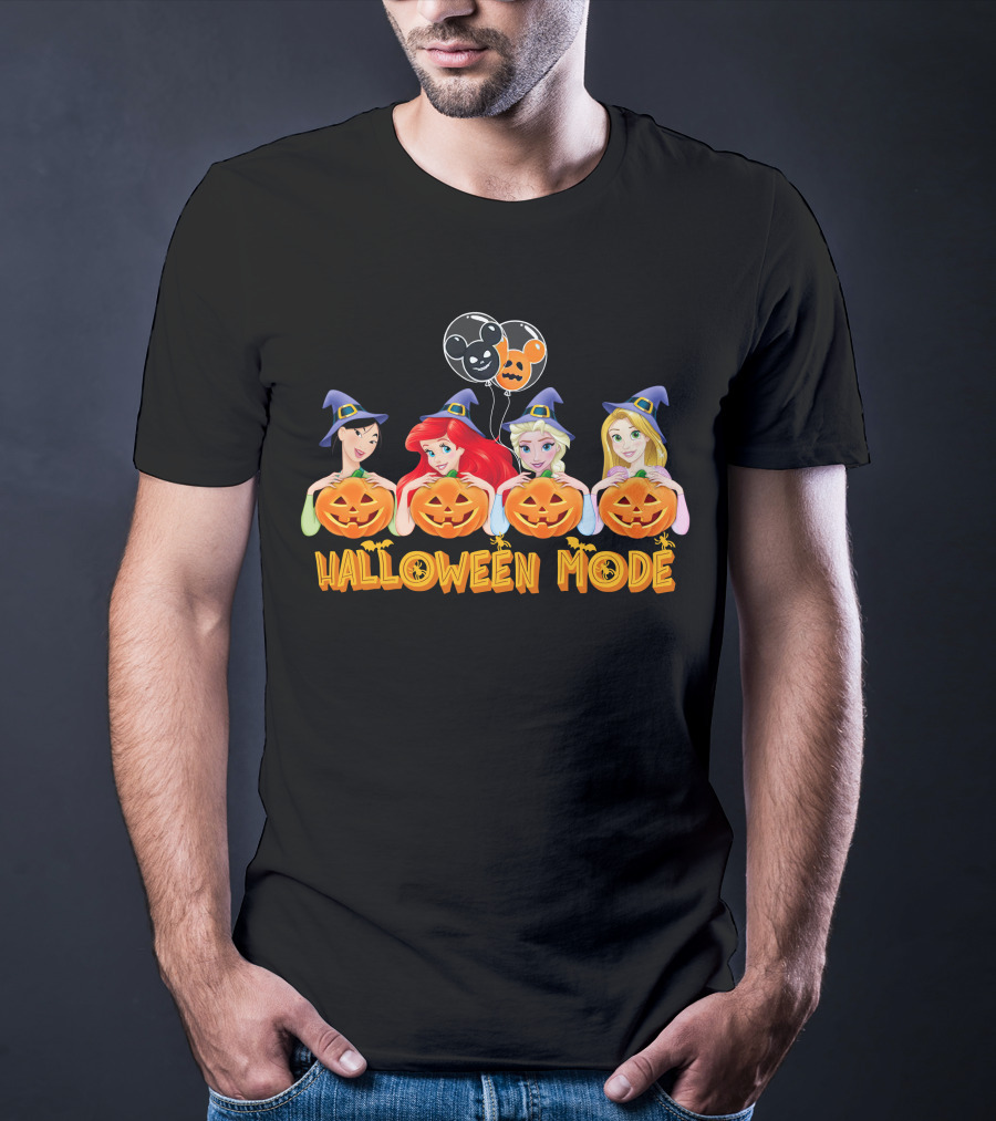 Halloween Mode Princess Characters With Pumpkins And Mickey Balloons T-Shirt