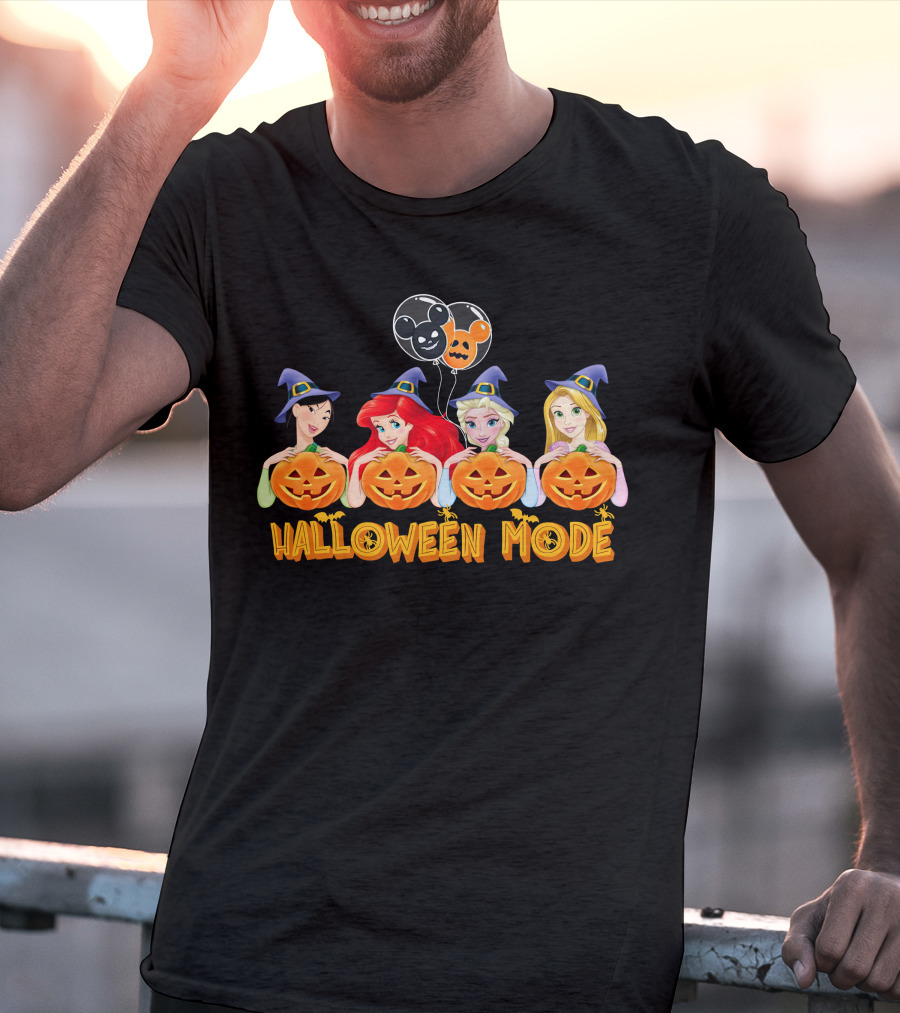 Halloween Mode Princess Characters With Pumpkins And Mickey Balloons T-Shirt
