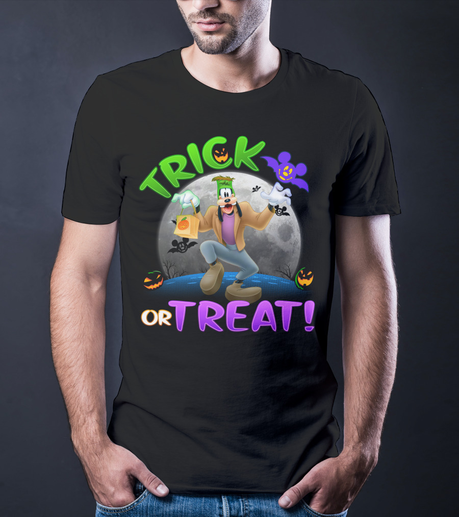 Trick Or Treat Goofy Halloween Moon Bat Pumpkin T-Shirt