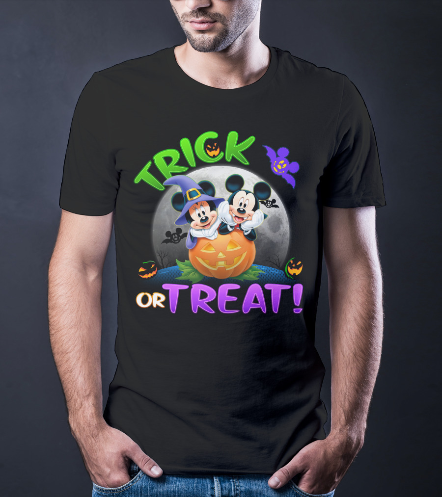 Trick Or Treat Mickey And Minnie Halloween Pumpkin Moon Bat T-Shirt