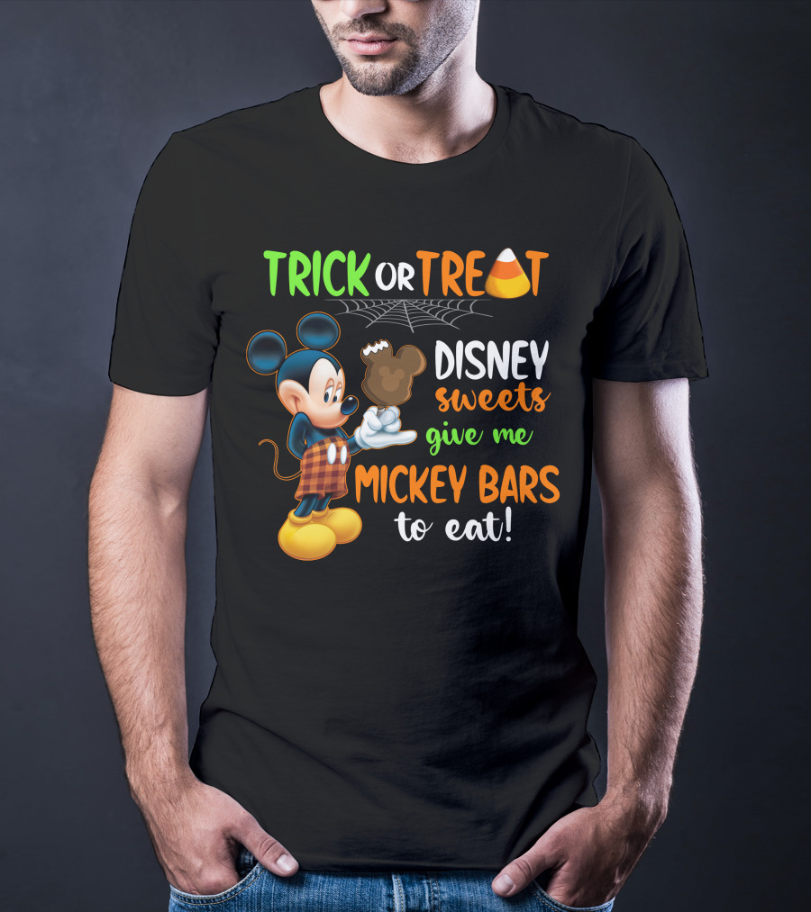 Trick Or Treat Disney Sweets Give Me Mickey Bars To Eat Candy Corn And Spiderweb With Mickey Mouse Eating Chocolate Ice Cream T-Shirt