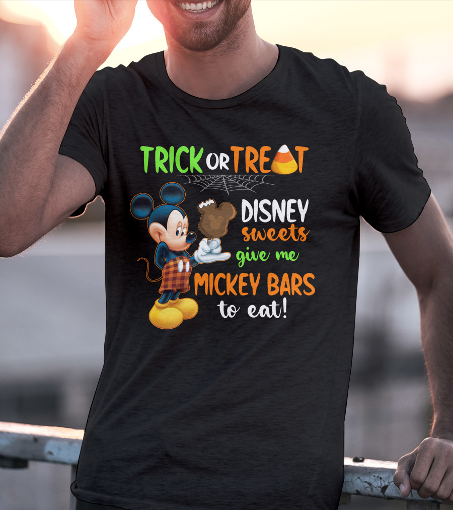 Trick Or Treat Disney Sweets Give Me Mickey Bars To Eat Candy Corn And Spiderweb With Mickey Mouse Eating Chocolate Ice Cream T-Shirt