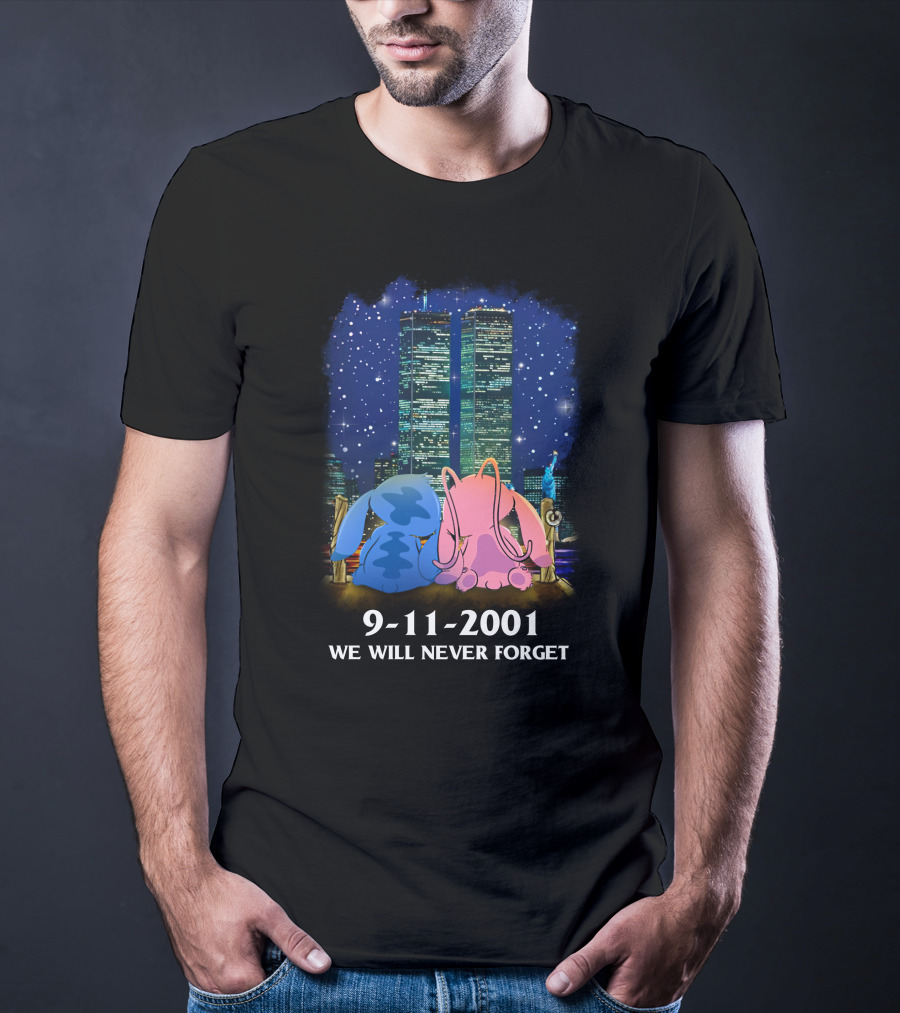 Stitch & Angel-D 9-11-2001 We Will Never Forget Memorial Twins T-Shirt