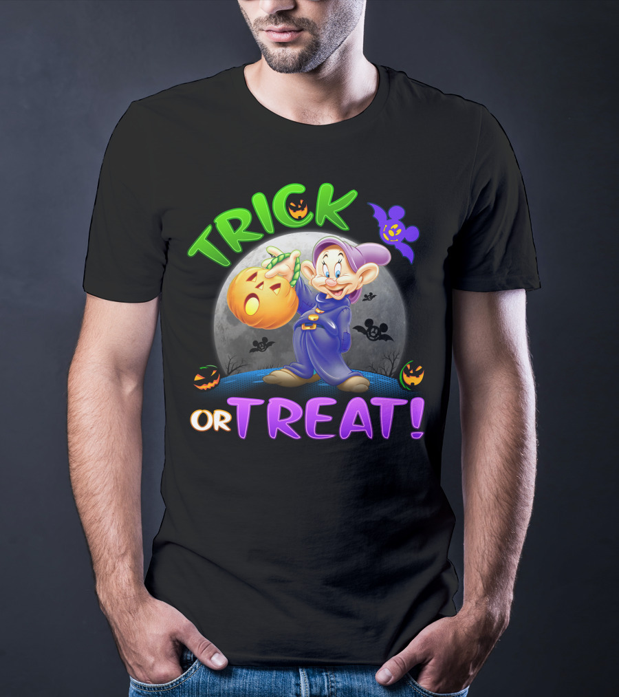 Trick Or Treat Dopey Halloween Disney Character With Pumpkin And Bat T-Shirt