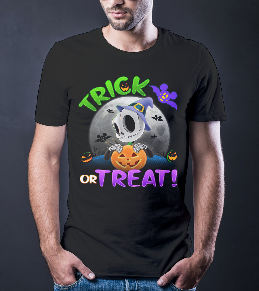 Trick Or Treat Jack Skellington In Halloween Moon With Pumpkins And Purple Bat T-Shirt