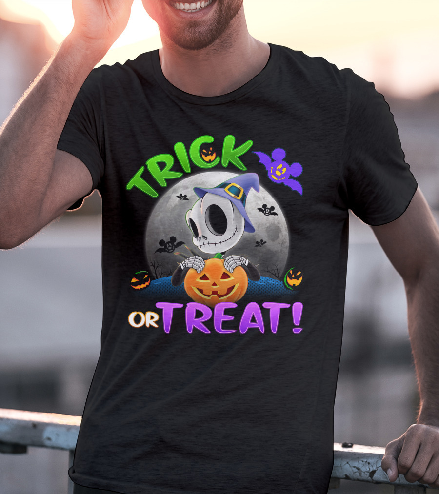 Trick Or Treat Jack Skellington In Halloween Moon With Pumpkins And Purple Bat T-Shirt